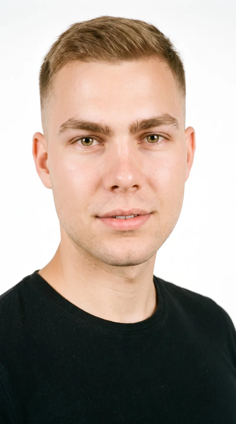 This 25-year-old Caucasian man has a medium skin tone with a warm golden undertone. His face is round, with soft, full contours, gentle curves, and few angles. He has thick eyebrows, amber eyes with a golden glow, and thin lips. His light-brown hair is styled in a fade, tapering from longer hair on top to very short sides that blend down to the skin. He is clean-shaven, with smooth skin across the whole face.