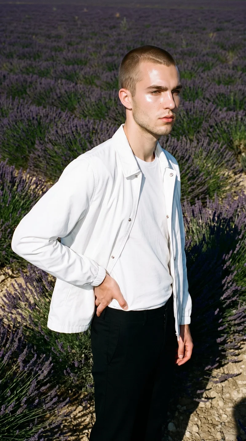 A 20-year-old Caucasian man wears a white windbreaker in a three-quarter-length view, angled toward the front with one hand on his hip and a confident expression. A lavender field forms the backdrop.