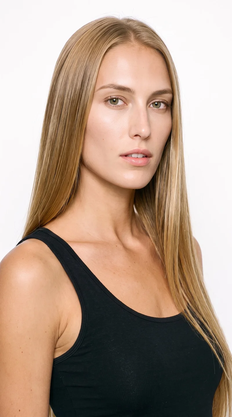 This 25-year-old Caucasian woman has lightly tanned fair skin with a neutral undertone. Her triangular face has a broad jaw that narrows toward the forehead, emphasizing the lower face. She has medium-thickness eyebrows, green eyes, and thin lips. Her warm golden-blonde hair is long and falls straight without waves or layers.
