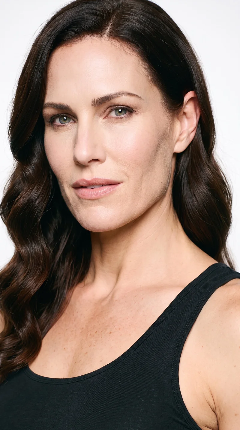This 44-year-old Caucasian woman has lightly tanned fair skin with a warm golden undertone. Her square face has a broad forehead and a strong, defined jaw, creating an angular, structured appearance. She has medium-thickness eyebrows, cool blue eyes, and medium lips. Her dark-brown hair is styled in large, polished waves with a smooth, glamorous finish.