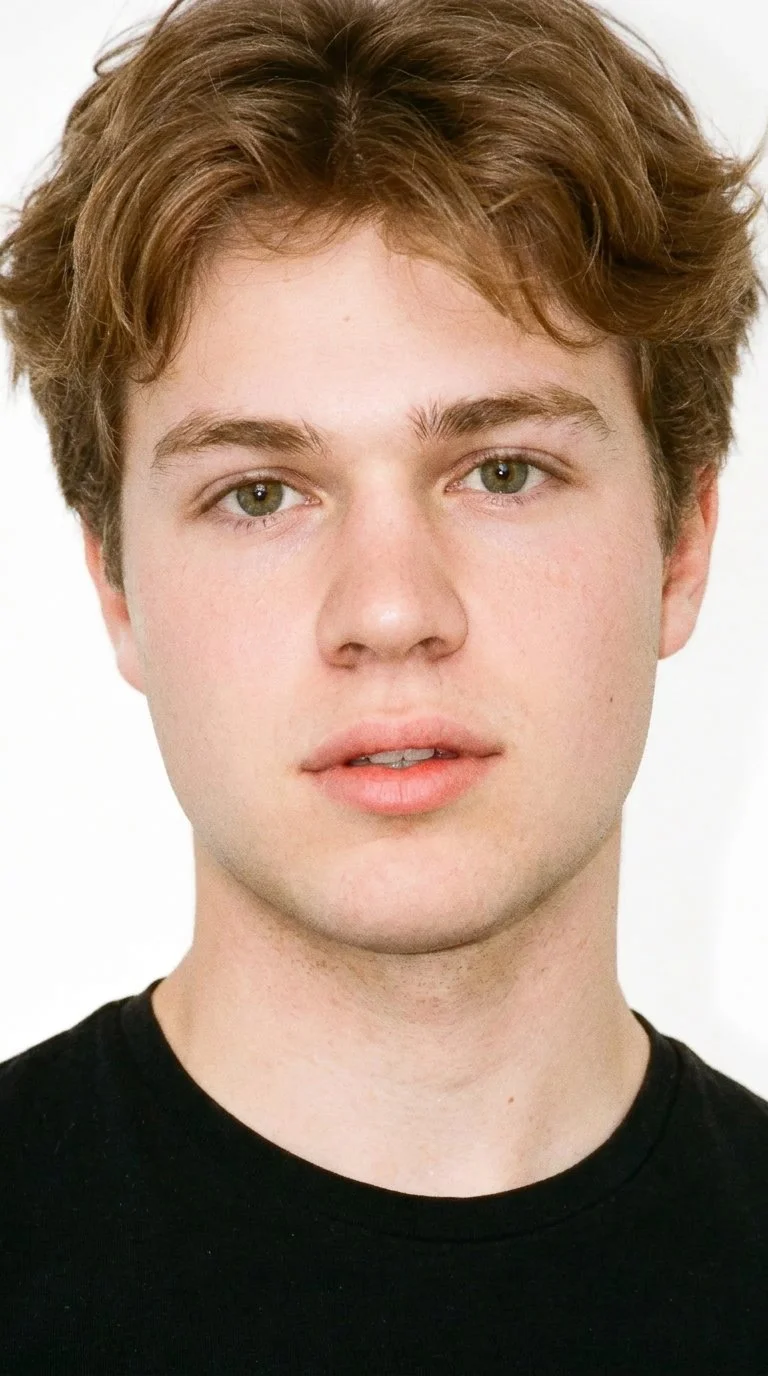 A 19-year-old Caucasian man with lightly tanned fair skin and a cool undertone. His round face has soft, full contours with gentle curves and few angles, medium-thick eyebrows, thin lips, and a clean-shaven, smooth appearance. His light-brown hair is tousled with loosely styled texture and natural movement, and his hazel eyes contain green-gold flecks.