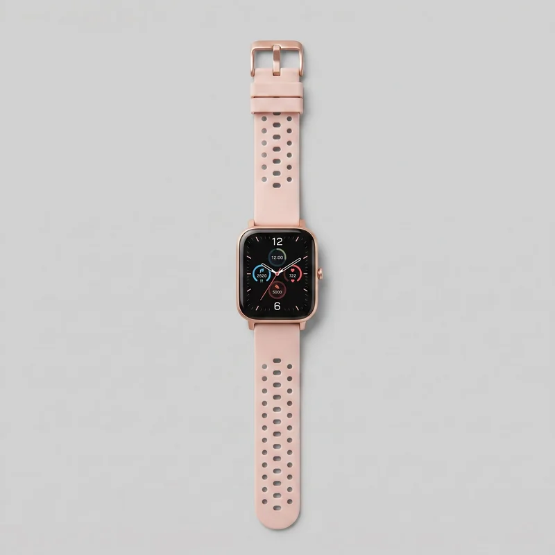 A complete women's sport-band smartwatch lies flat, shown from the front. It has a rounded-rectangle case, an analog-style face with large numerals at 12 and 6, slim tick indices, multiple circular activity sub-dials, and a crown on the right side. The straight, uniform-width strap includes integrated lugs, rows of round perforations, central elongated adjustment holes, double keeper loops, a traditional pin buckle, and a rounded tip.