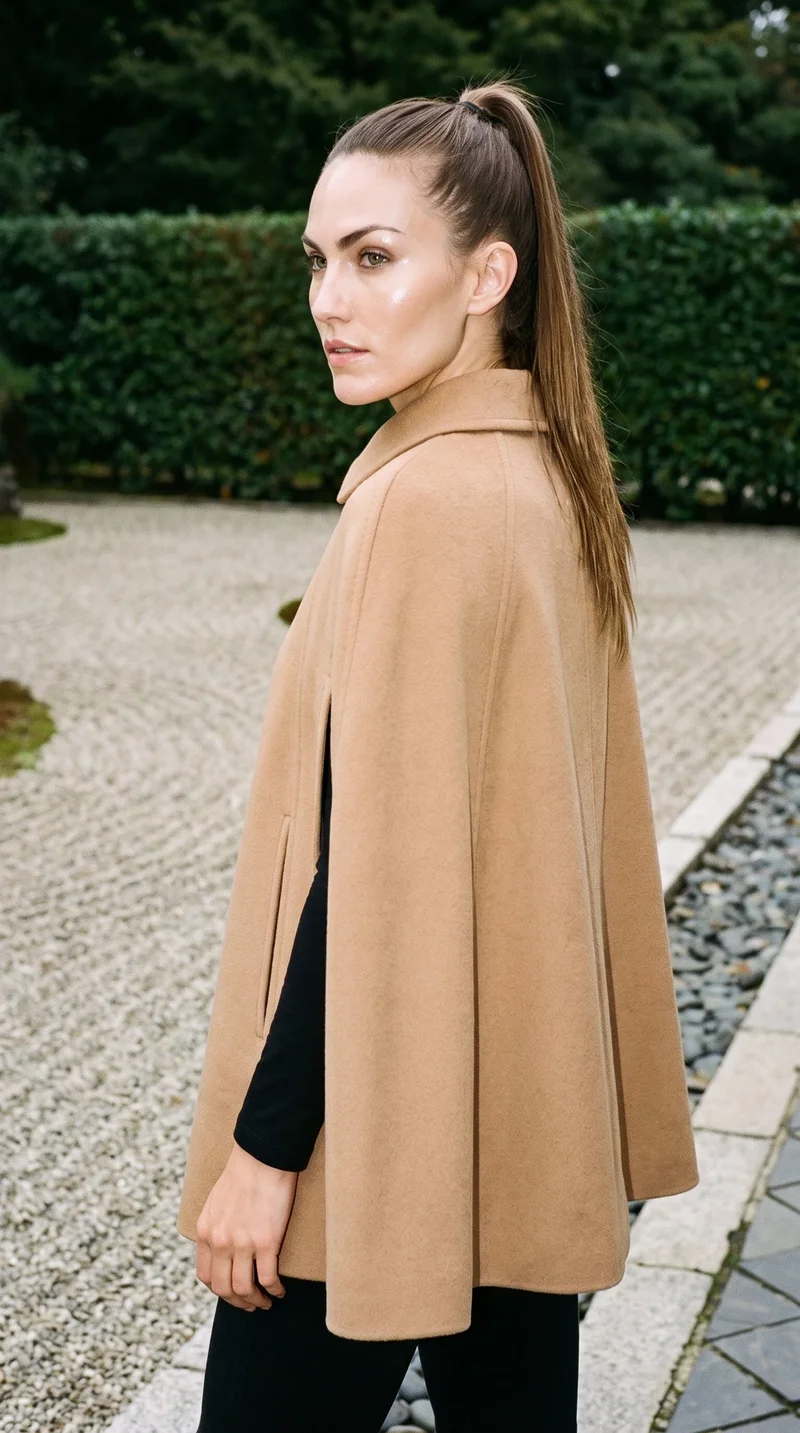 A 28-year-old Caucasian woman wears a camel wool cape, shown from an angled rear view in an upper-body frame with her arms relaxed. A Zen rock garden forms the backdrop.