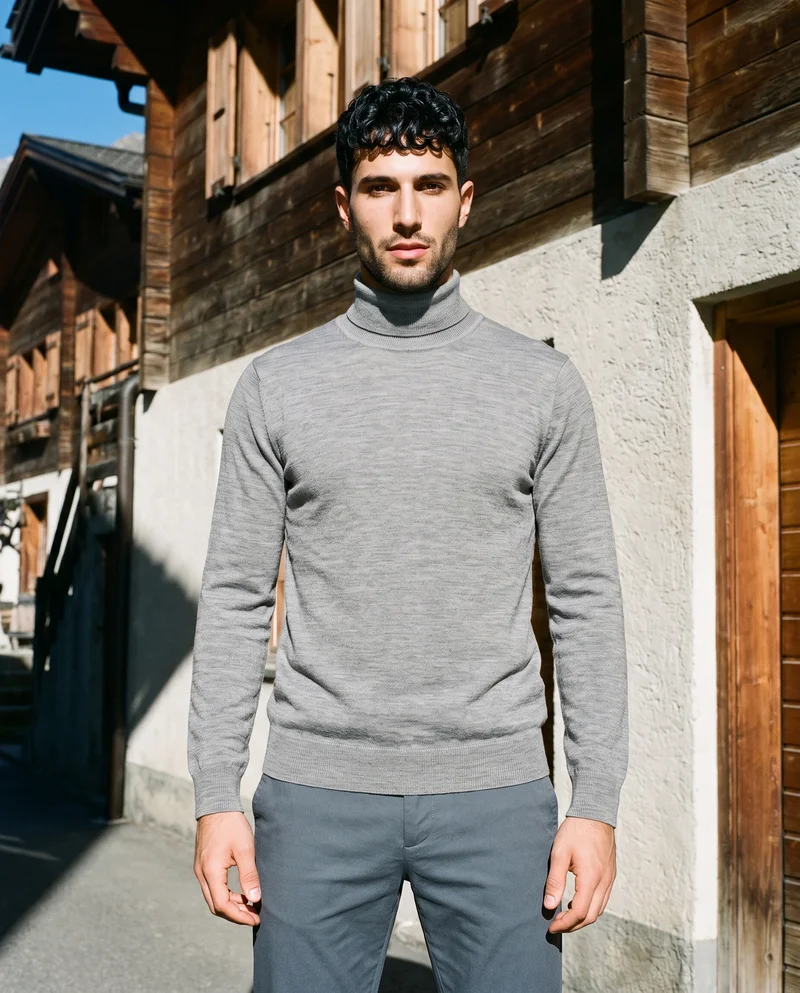 Men's Grey Merino Turtleneck, Three-quarter length at Three-quarter, Flash Editorial lighting