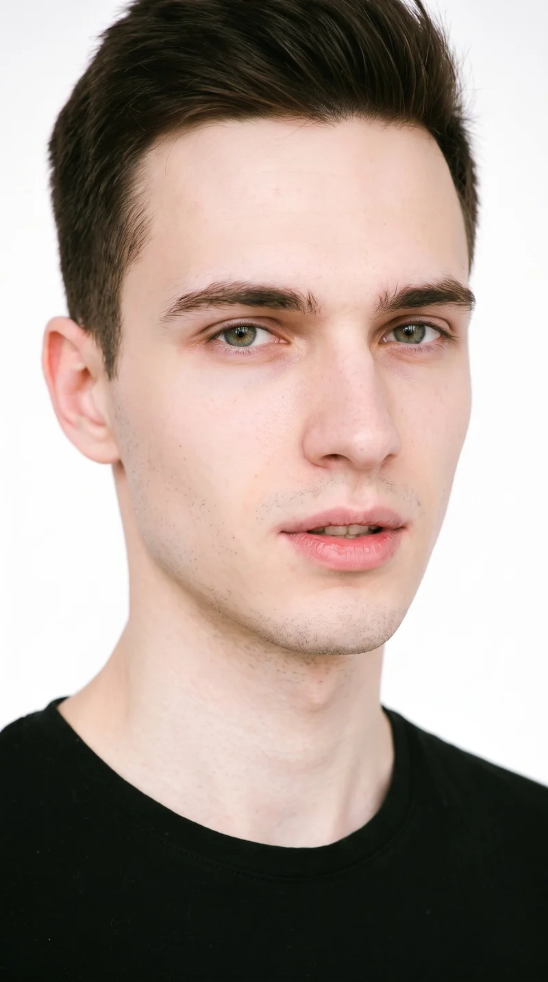 A 21-year-old Slavic man with a light porcelain skin tone and cool undertone. His face has balanced oval proportions with a softly rounded jaw, medium-thickness eyebrows, medium lips, and green eyes. His dark-brown hair is styled in a short, tapered crew cut that is slightly longer on top than at the sides. He is clean-shaven with a smooth face.