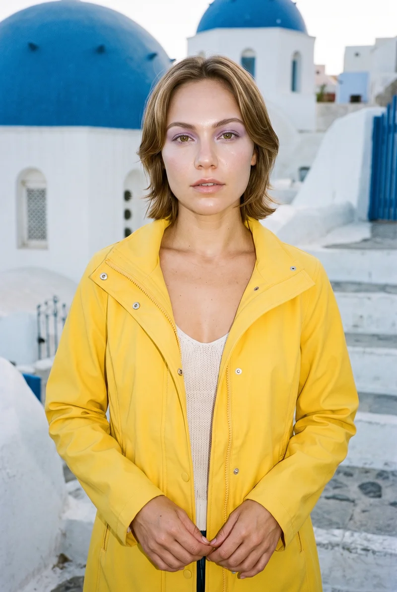 A 31-year-old Caucasian woman wears a women's yellow rain mac in an upper-body, front-facing view with her hands in front and a neutral expression. White steps form the backdrop.