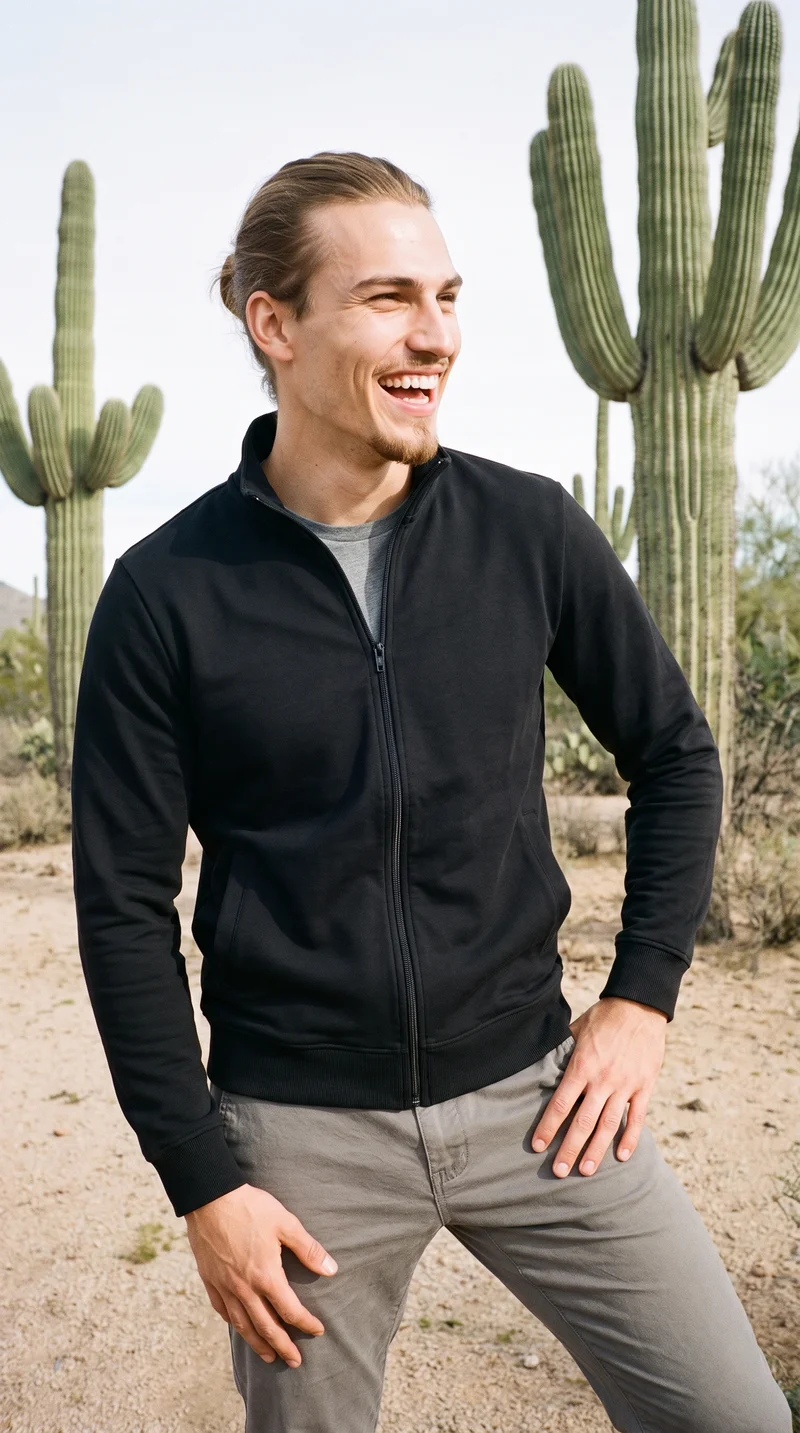 Men's Black Tracksuit Top, Three-quarter length at Front, Natural E-Commerce lighting