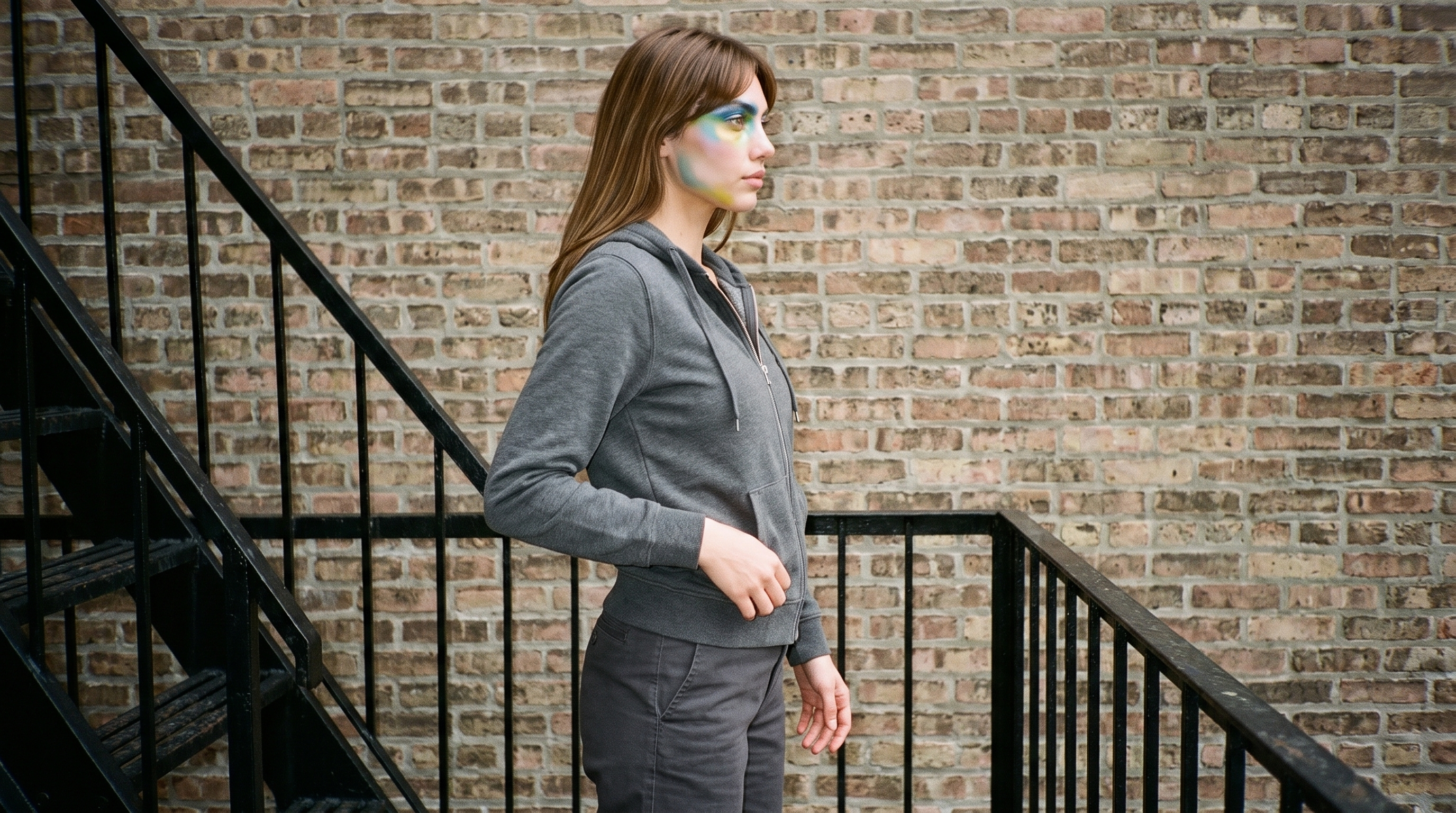 A 20-year-old Turkish woman wears a charcoal cotton zip-up hoodie in a three-quarter-length side view. She stands with her weight shifted back against a fire escape backdrop, with a confident expression.