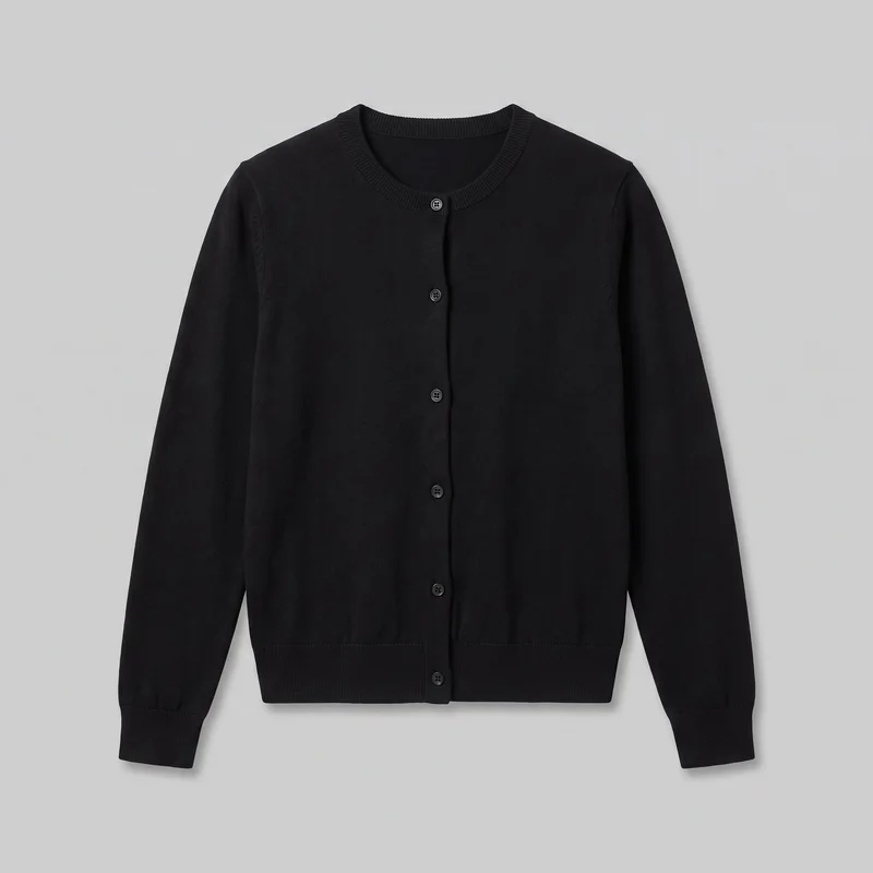 A mostly complete front view of a women's black button-front cardigan laid flat. The cardigan has a straight silhouette, rounded crew neckline, set-in long sleeves, ribbed neckline, cuffs, and hem, plus five visible small round buttons on the vertical front placket. No pockets, logos, prints, patches, embroidery, or other embellishments are visible.