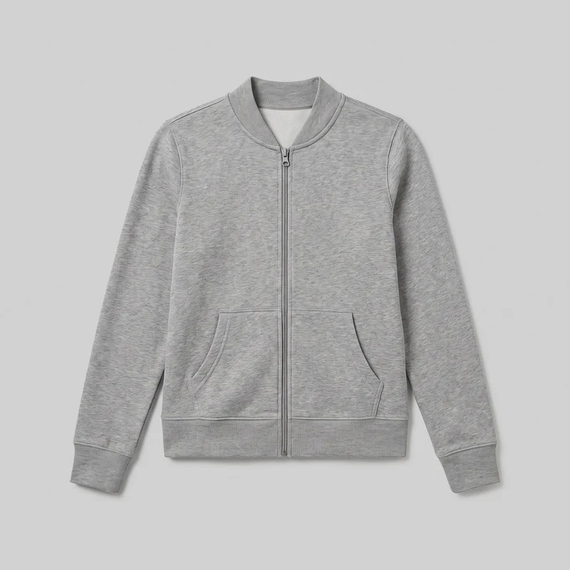 A women's grey zip-front track jacket is shown laid flat in a single front-facing view. It has a ribbed bomber-style stand collar, full-length center zipper, long sleeves with ribbed cuffs, a ribbed straight waistband hem, and two lower front patch pockets with angled curved openings.