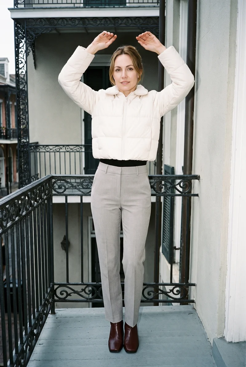 A 40-year-old Caucasian woman is shown full body from the front wearing a women's cream cropped puffer jacket. Her arms are raised overhead, and she has a natural facial expression. A New Orleans balcony serves as the backdrop.