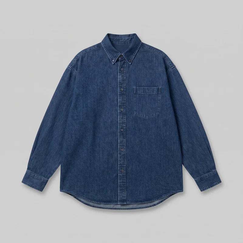 A long-sleeve denim button-down shirt is laid flat in a mostly complete front view. It has a pointed button-down collar, visible front buttons, dropped shoulder seams, straight sleeves with cuff bands, a single left chest pocket with a pointed lower edge, and a curved shirttail hem with the back hem visible below the front.