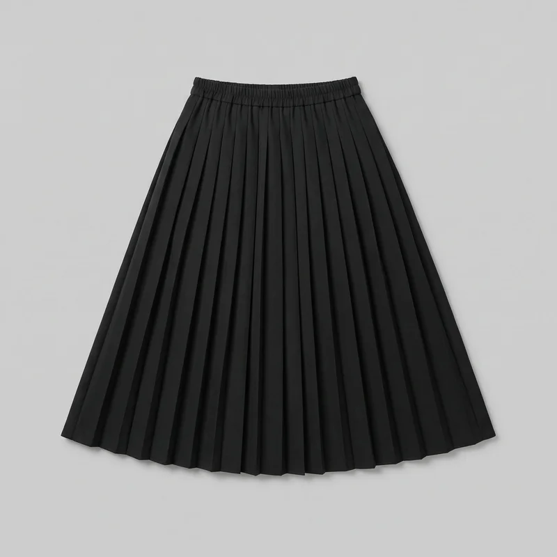 A complete standalone view of a black pleated skirt displayed flat. Dense vertical knife pleats extend from the elasticated gathered waistband to the plain finished hem, forming a relaxed, evenly flared A-line silhouette.