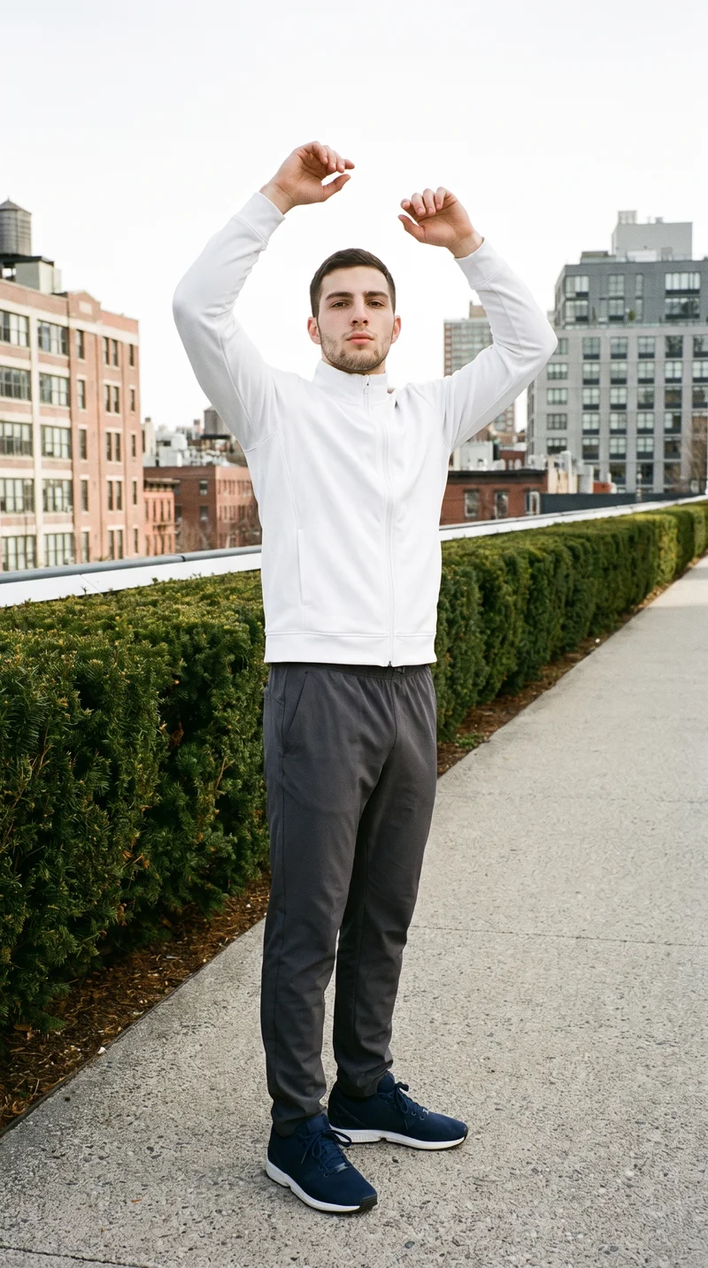 A 19-year-old Slavic male model wears a white track jacket in a full-body view from a front three-quarter angle. His arms are raised overhead and his expression is neutral. An elevated park railway forms the backdrop.
