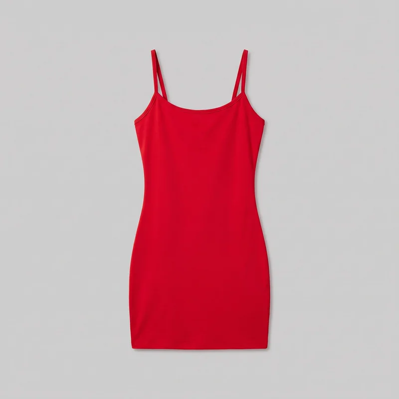A complete standalone view of a red women's spaghetti-strap bodycon mini dress, shown from the front. The dress has a scoop neckline, sleeveless cut, narrow doubled parallel shoulder straps, shaped side seams, a slim fitted silhouette, and a straight mini-length hem. Narrow binding and visible topstitching frame the neckline, arm openings, straps, and bottom hem; no closures, pockets, logos, prints, patches, embroidery, or embellishments are visible.