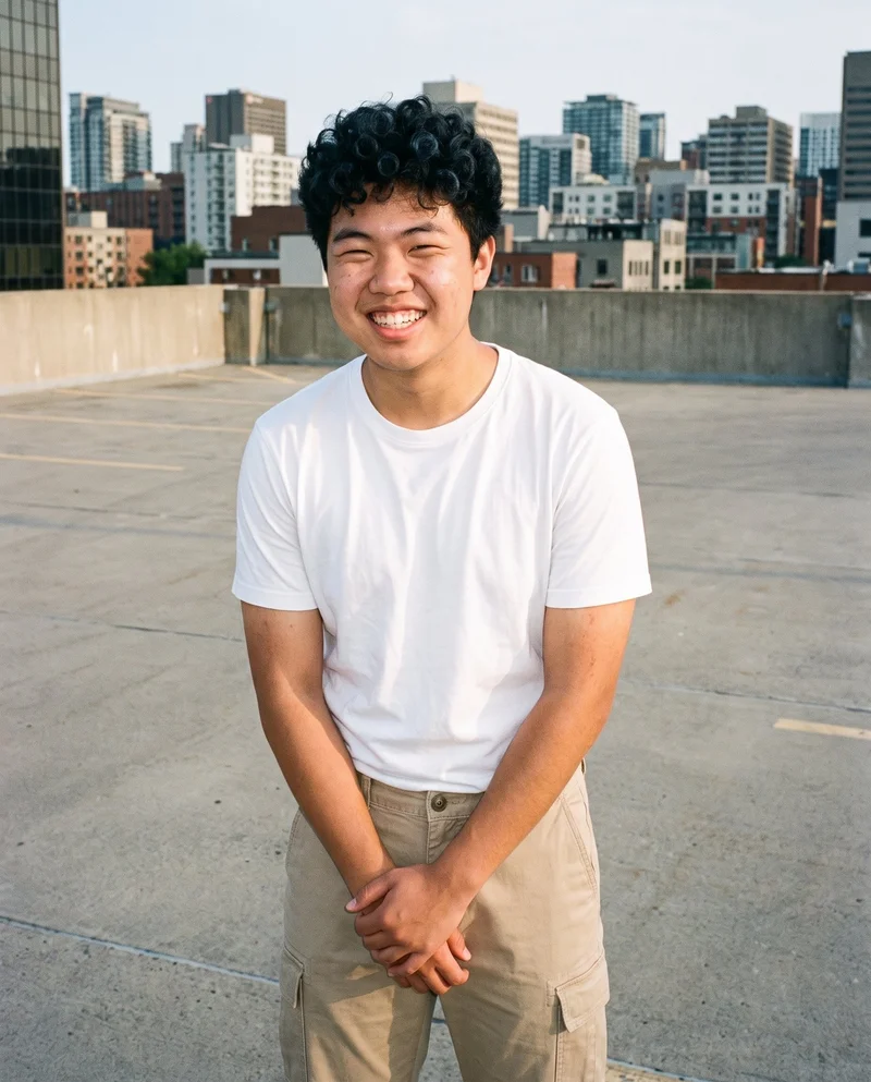 An 18-year-old Chinese male model wears beige cargo pants in a three-quarter-length front view, with his hands positioned in front and a grin. A parking garage rooftop forms the backdrop.