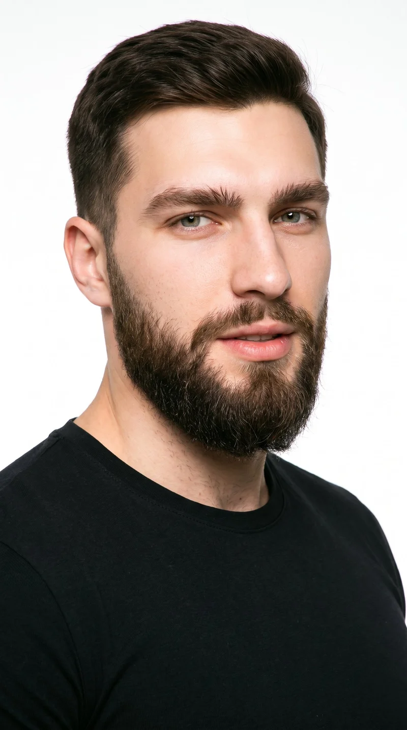 A 22-year-old Slavic man with a medium skin tone and neutral undertone has a softly structured, refined face with smooth, even features. His thin eyebrows frame blue eyes with a cool undertone, and his medium lips sit above a full, connected beard grown evenly across the cheeks, jaw, and chin. His dark-brown hair is styled in a taper, gradually shortening at the sides and neckline while retaining length on top.