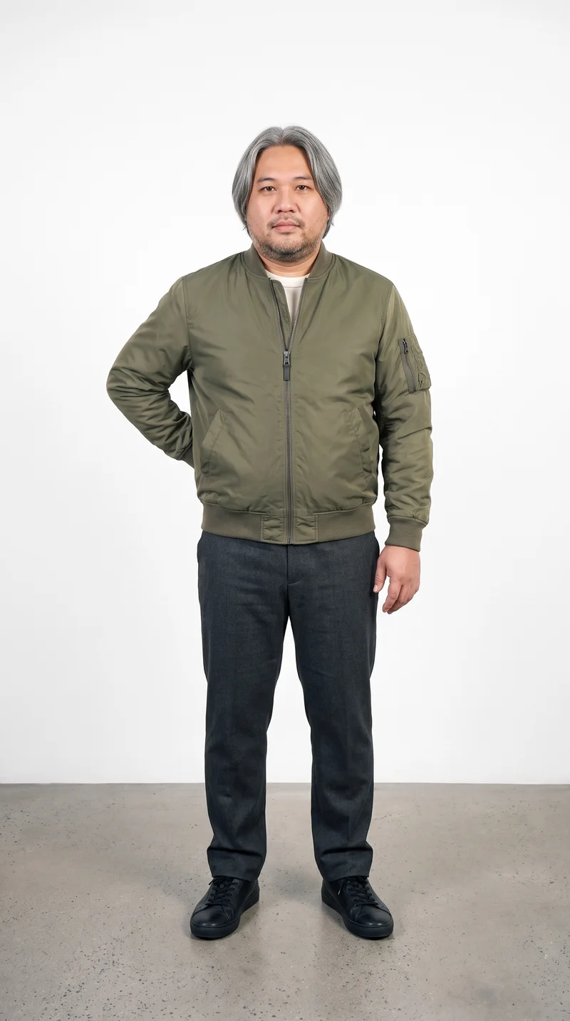 A 45-year-old Southeast Asian man wears an olive MA-1 bomber jacket in a full-body front view, standing with one hand on his lower back and a serious expression. A seasalt studio-wall backdrop fills the background.