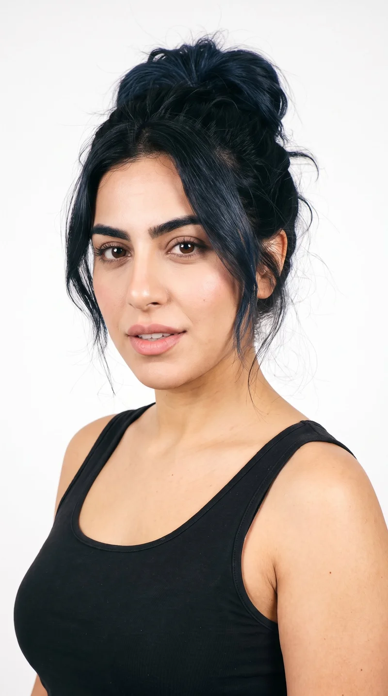 A 23-year-old Arab woman with lightly tanned skin and a warm golden undertone. Her oval face has balanced proportions and a softly rounded jaw. She has thick eyebrows, very dark near-black eyes, and medium lips. Her deep black hair is gathered into a loose, messy bun with softly undone strands.