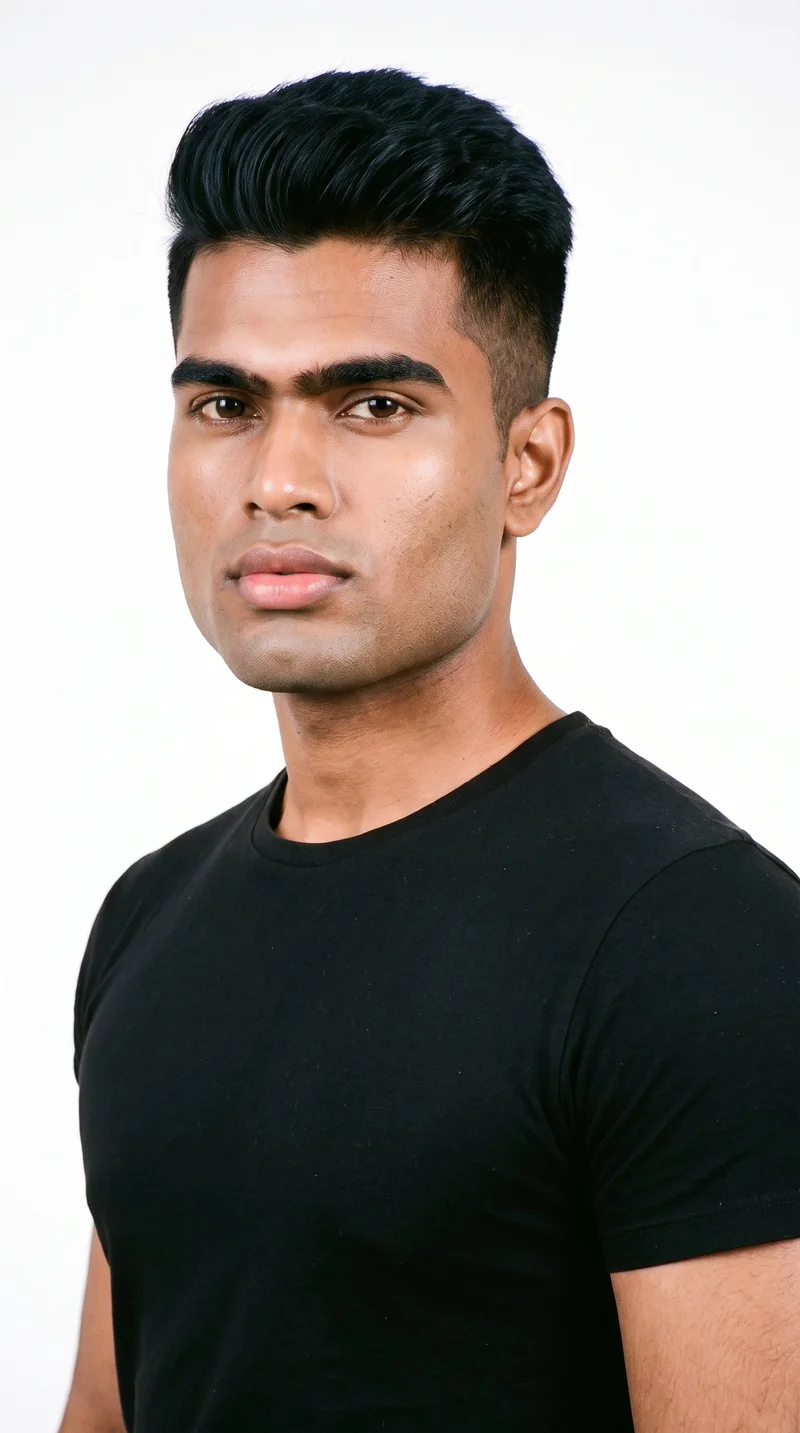 This 22-year-old Indian man has a South Asian appearance and medium-brown skin with a neutral undertone. His triangle-shaped face has a wide jaw that narrows toward the forehead, emphasizing the lower face. He has thick eyebrows, brown eyes, and very full lips. His black hair is styled in a two-block cut, with short sides and back contrasted with a longer, fuller top. He is clean-shaven, with smooth skin across the entire face.