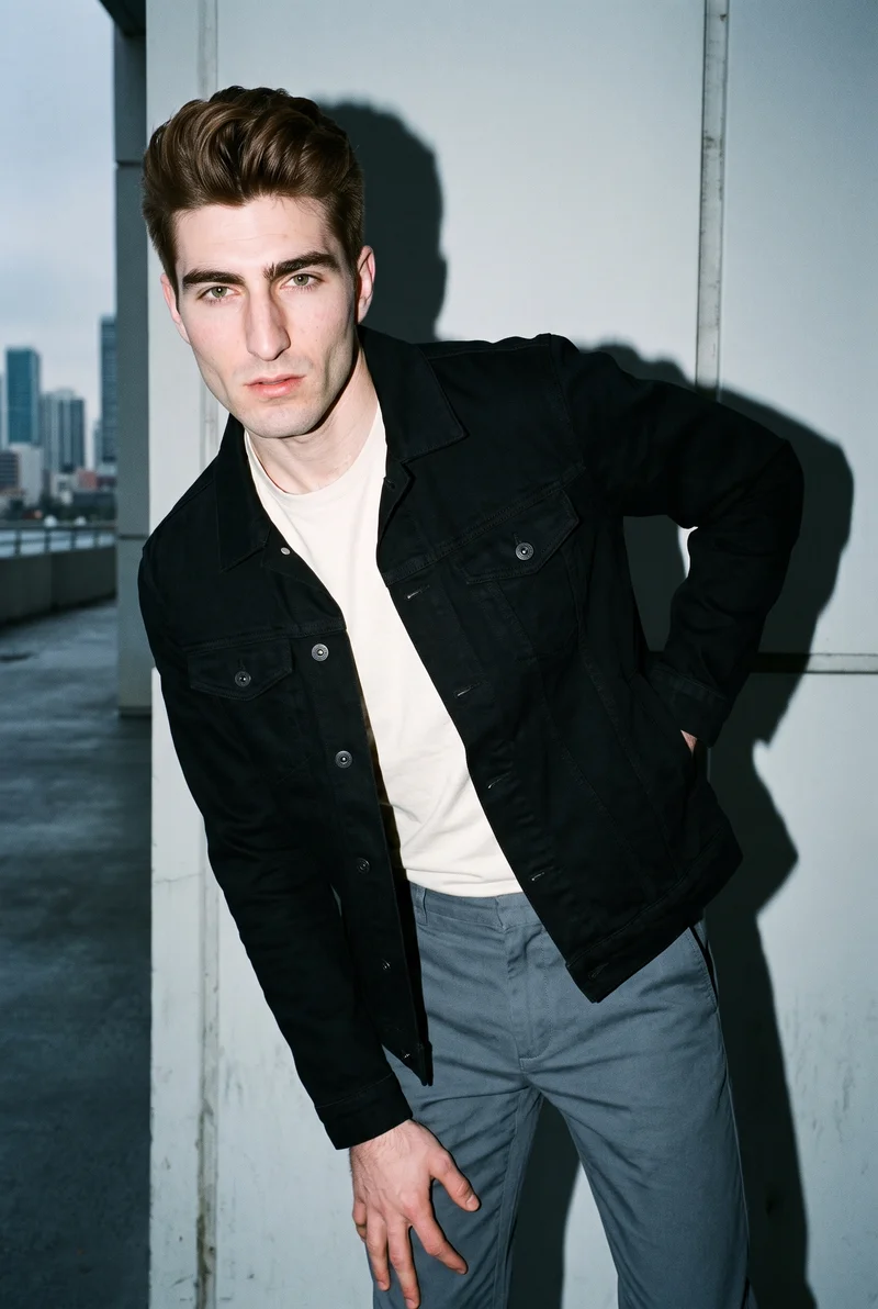 A 25-year-old Caucasian man wears a black denim jacket in a three-quarter-length frame, shown from a front three-quarter angle with a waist twist and serious expression. An island causeway city skyline forms the backdrop.