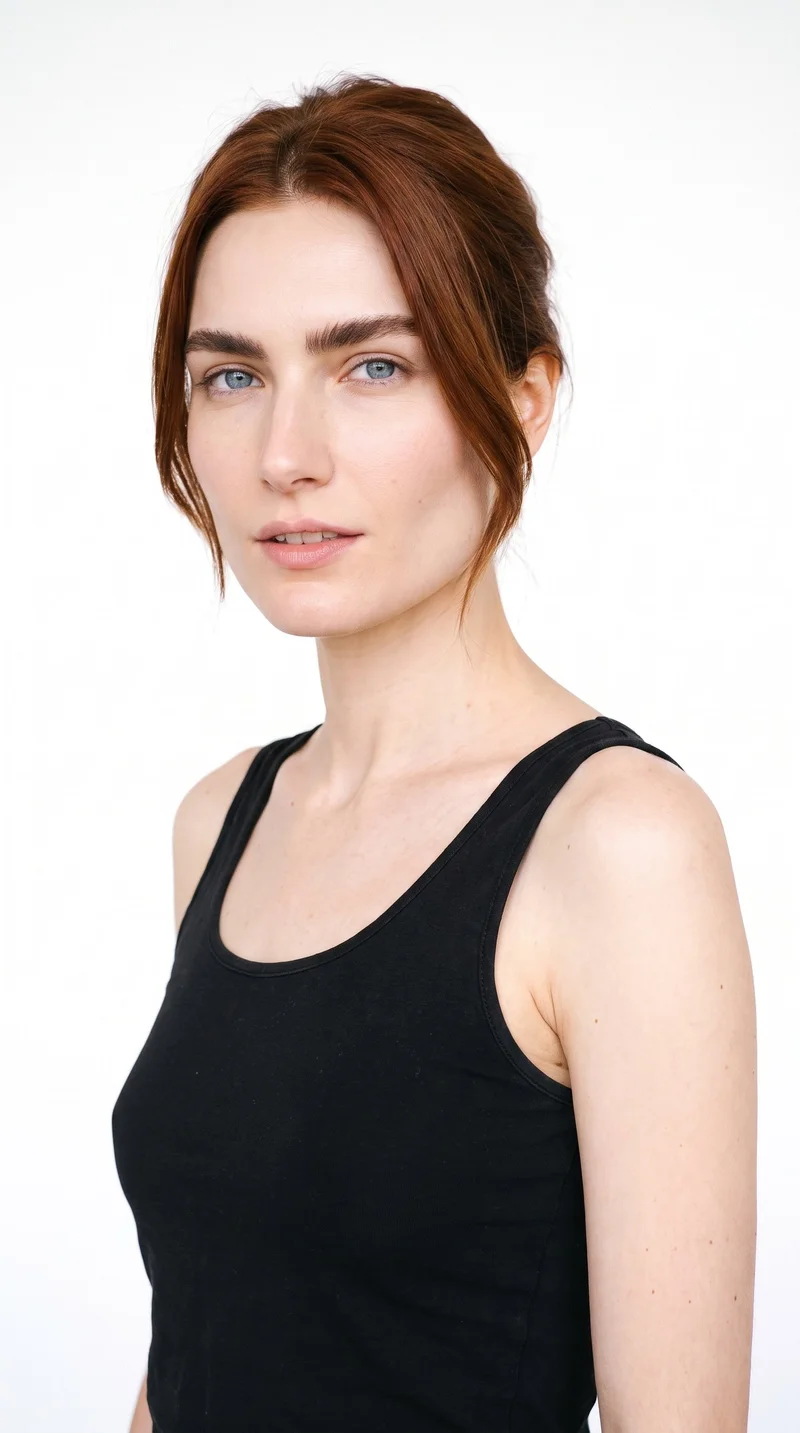 This 26-year-old Slavic woman has fair skin with a cool undertone and a triangular face, with a wide jaw that narrows toward the forehead. She has thick eyebrows, blue eyes with a cool undertone, and thin lips. Her chestnut-brown hair has a reddish undertone and is twisted up in a claw-clip updo with relaxed ends.