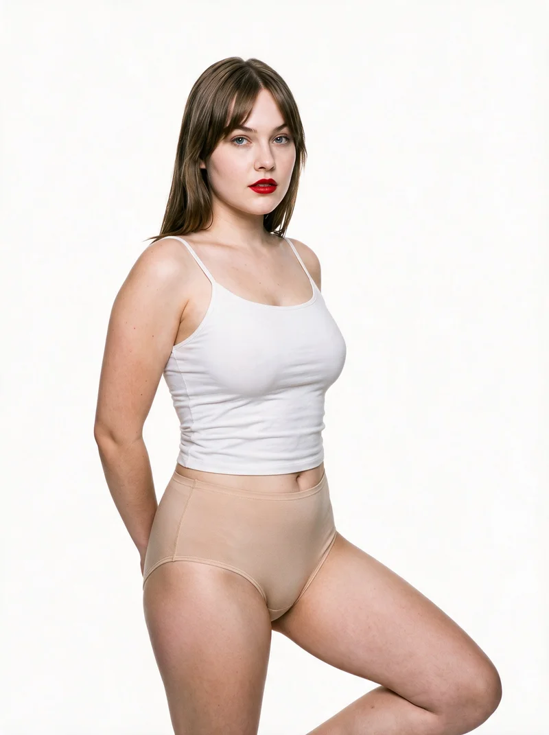 A 21-year-old Caucasian woman wears nude high-waist shapewear in a three-quarter-length, angled front view. She stands with her hands behind her back and a confident facial expression against a pure white backdrop.