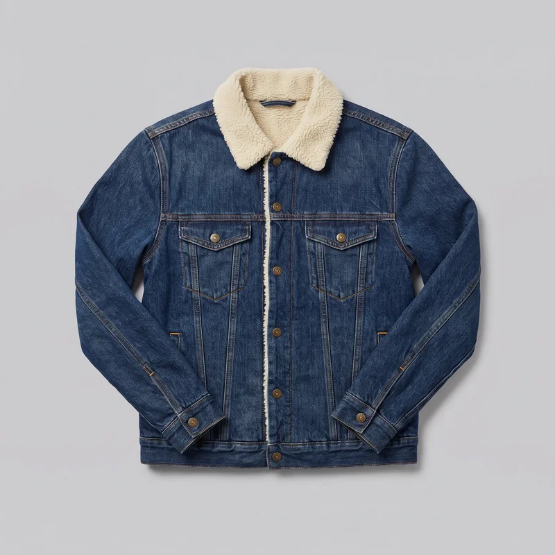 A mostly complete front flat-lay view of a regular-fit denim trucker jacket with a boxy waist-length cut, pointed plush collar, long sleeves, straight hem band, and full button front. Contrast topstitching, a horizontal chest yoke seam, vertical front panel seams, two chest patch pockets with pointed button flaps, two lower angled welt hand pockets, button cuffs, and visible plush lining along the collar, neckline, and inner front opening are shown.
