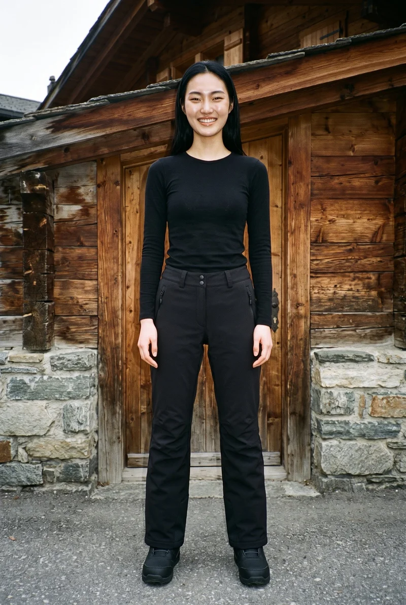 A 19-year-old Korean woman stands straight in a full-body front view, wearing black ski trousers and grinning. A Swiss Alpine Village backdrop is visible behind her.