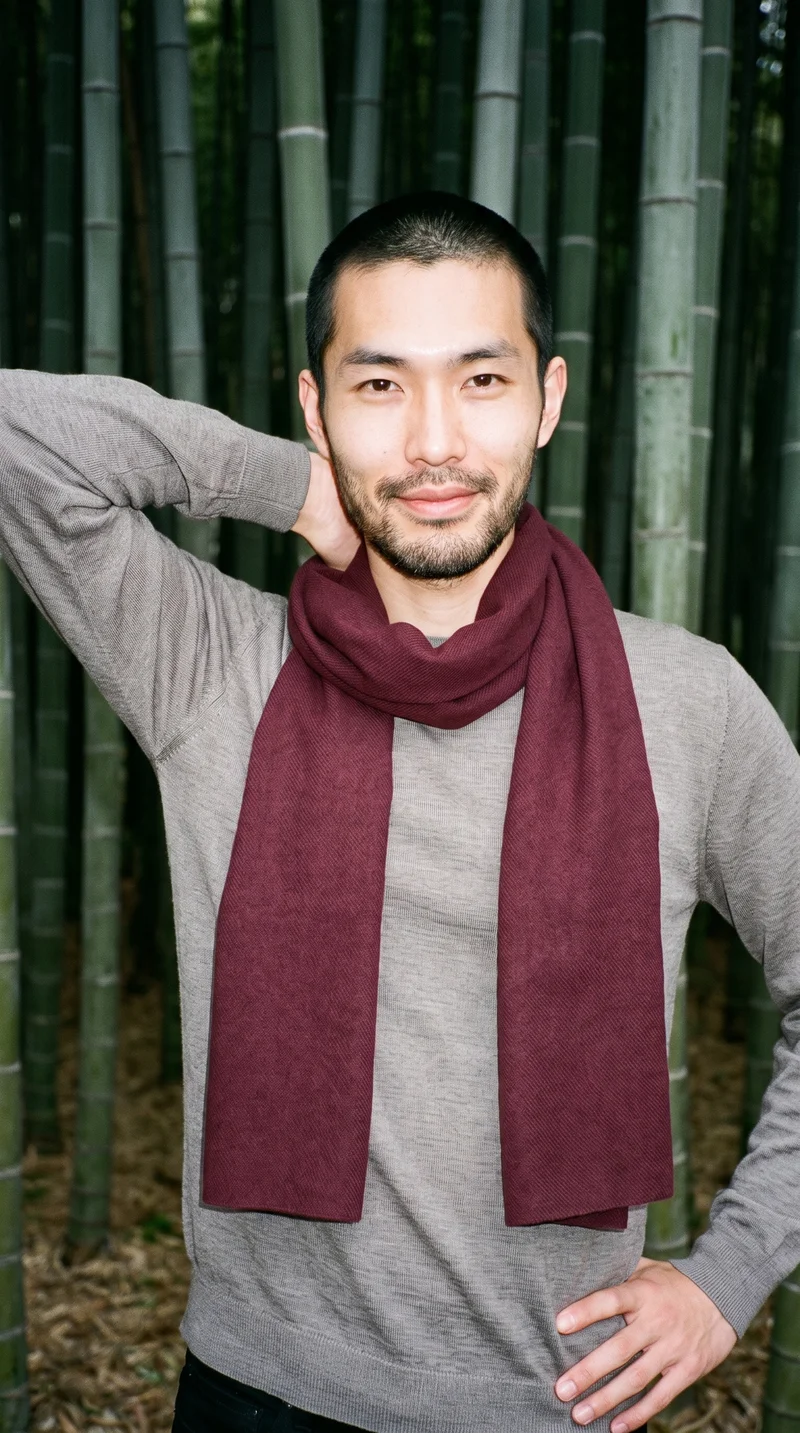 Men's Burgundy Wool Scarf, Upper body at Front, Natural E-Commerce lighting