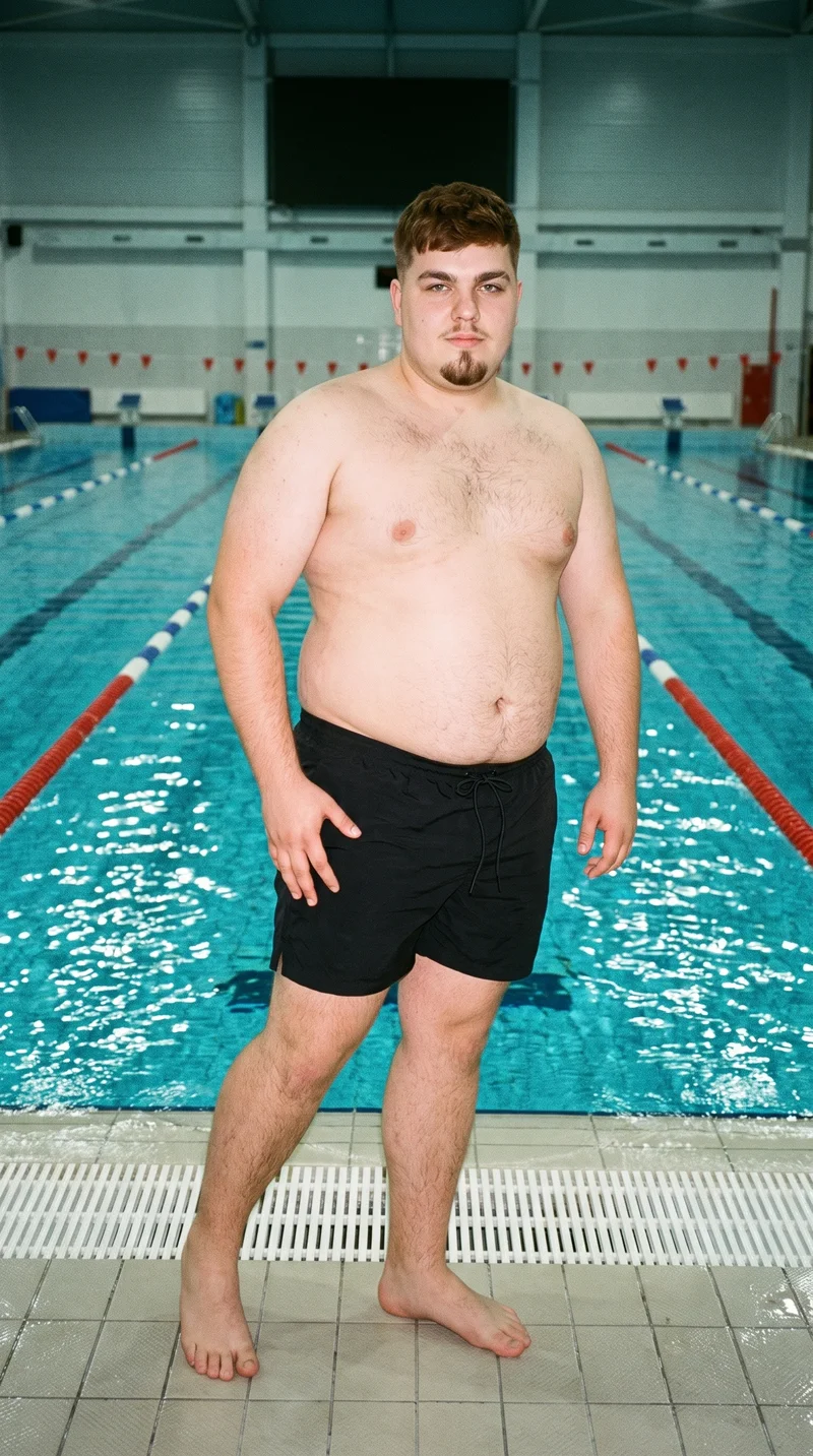 A 21-year-old Caucasian male model is shown full body from the front wearing black swim trunks. He stands with one hip angled outward and a soft facial expression. An Olympic swimming pool serves as the backdrop.
