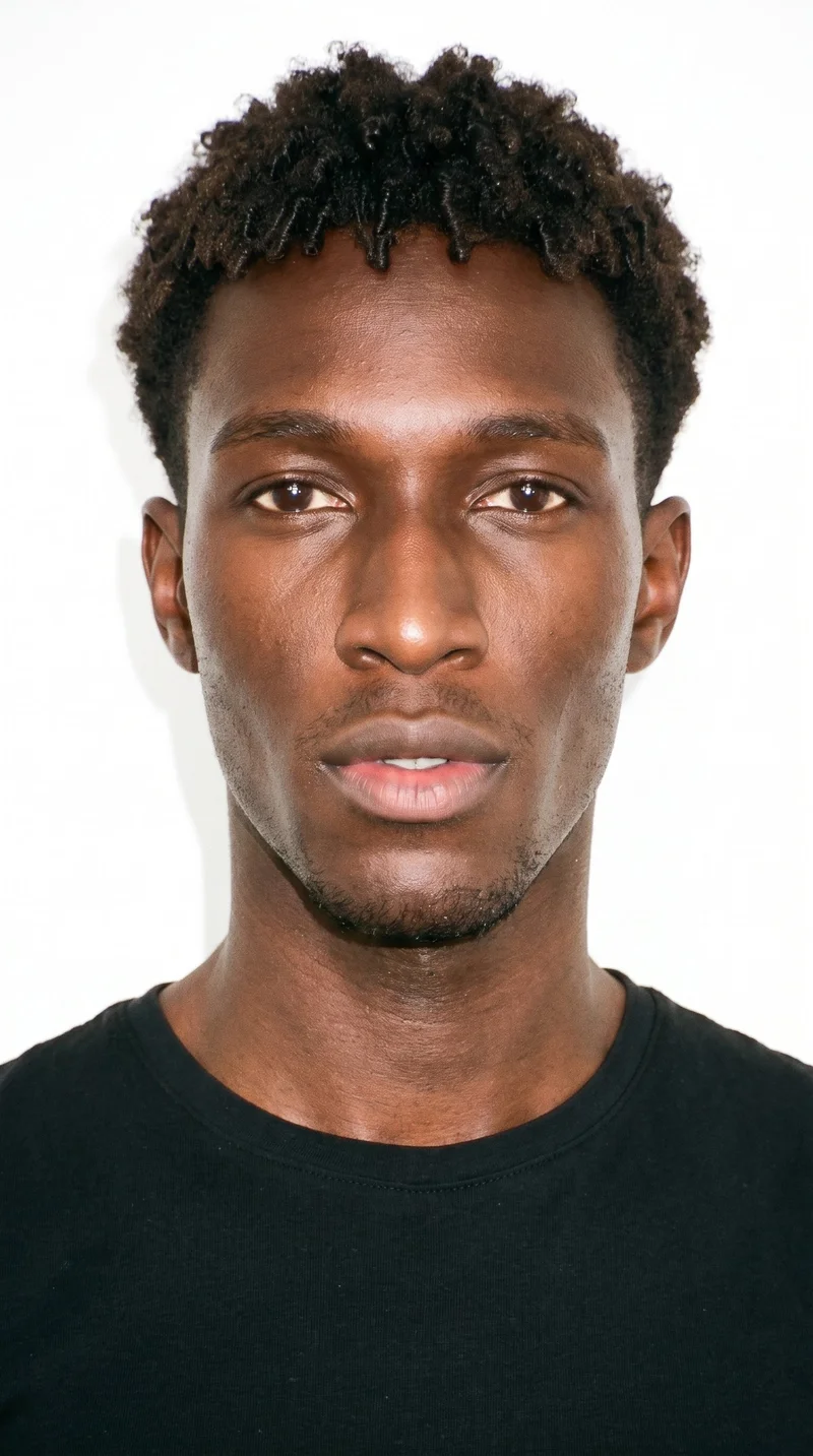 A 23-year-old African man with dark-brown skin and a red-copper undertone. His long face is more elongated than wide, with a tall forehead and elongated cheeks. He has medium-thick eyebrows, brown eyes, and medium-sized lips. His dark-brown hair is styled in defined curls brought forward into a textured fringe, and very short facial hair creates a faint, even five-o'clock shadow across the beard area.
