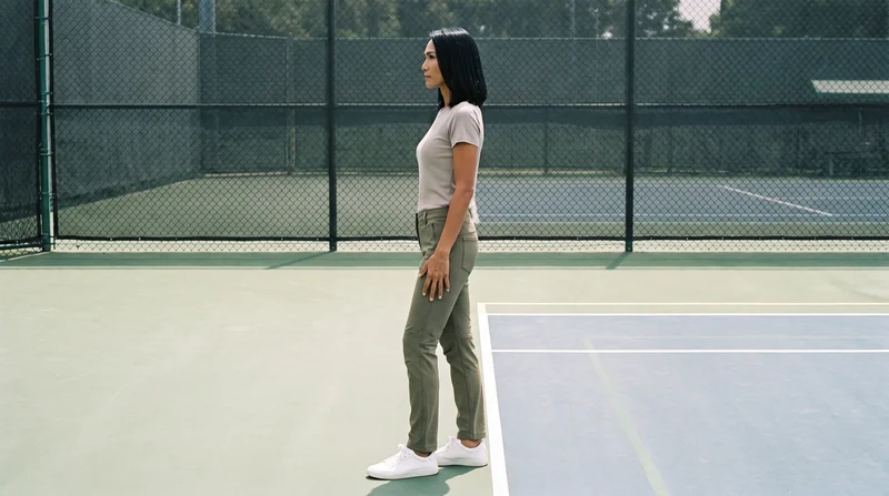 A 46-year-old Southeast Asian woman wears olive softshell hiking trousers in an environmental side-view composition. She is shown twisting at the waist with an intense facial expression, against a tennis court backdrop.