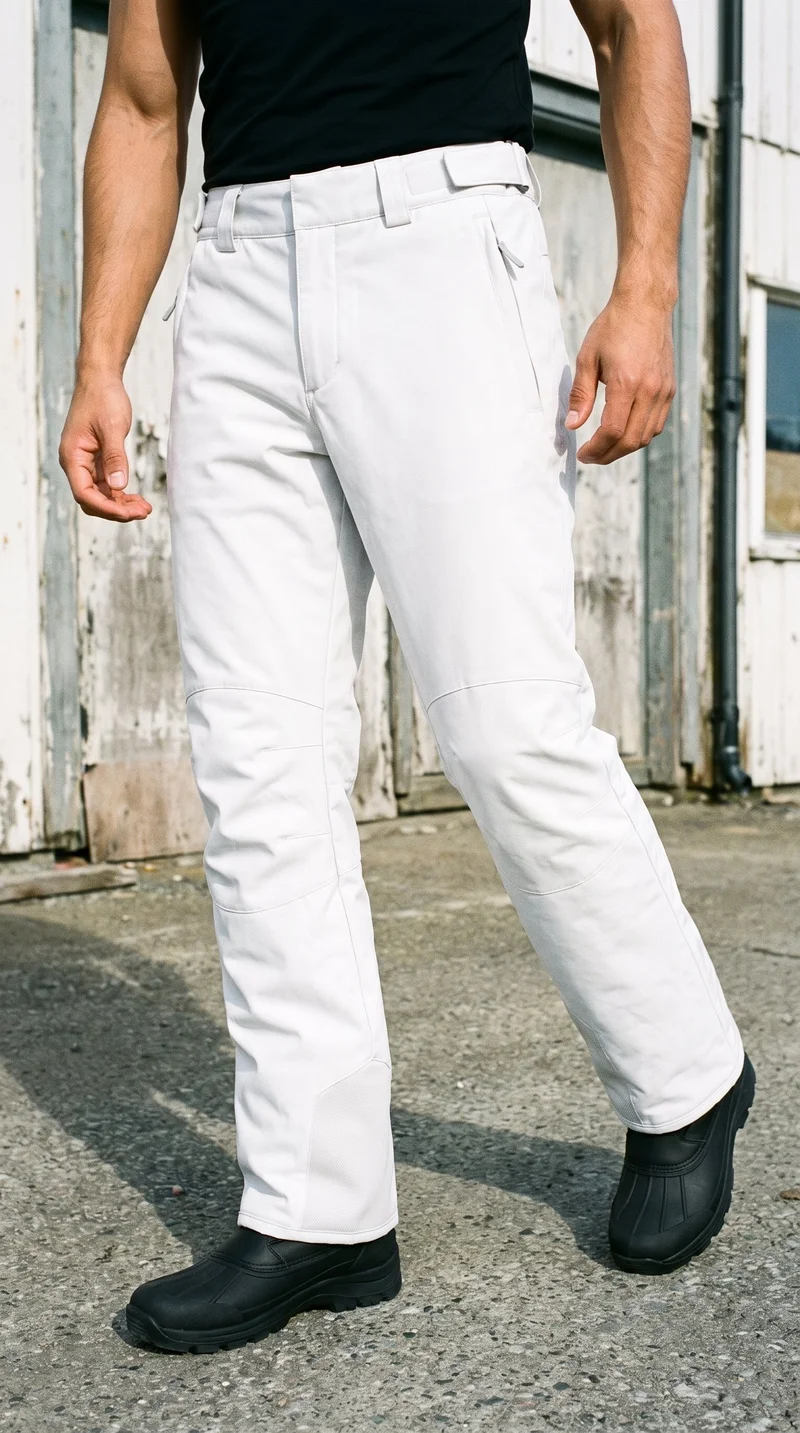 A man is shown from the front while walking, with the frame focused on his lower body in men's white shell ski trousers. A Norwegian fjord village forms the backdrop.
