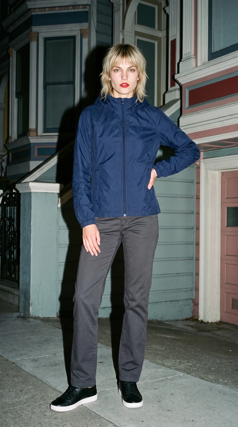 Women's Navy Windbreaker, Full body at Front, Flash Editorial lighting