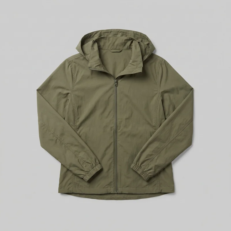An olive hooded windbreaker jacket is shown laid flat in a mostly complete standalone front view. It has a high stand collar opening into an attached hood, a full center zipper with visible pull, long sleeves with gathered elastic cuffs, vertical front panel seams, and a slightly curved back hem extending below the straighter front hem. The jacket has no visible logos, prints, patches, embroidery, or embellishments.