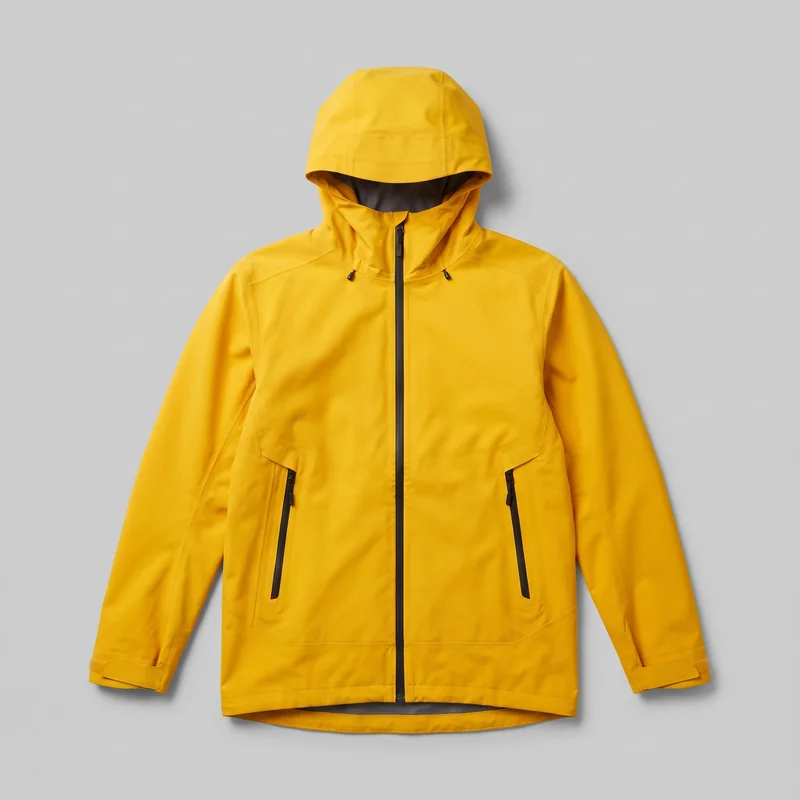 A men's yellow waterproof hooded jacket is shown in a standalone front view, laid flat or ghost-displayed. It has a raised hood with a structured top panel, a tall collar, hood drawcords, a full-length center zipper, angled shoulder and body panel seams, two angled zip hand pockets, adjustable sleeve cuff tabs, and a straight front hem with a slightly dropped curved back hem visible below it.