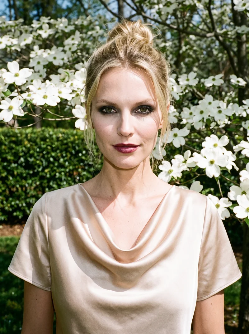 A 32-year-old Caucasian woman wears a champagne satin cowl-neck top in a front-facing bust view, with her shoulders square and a smile. A dogwood tree grove forms the backdrop.
