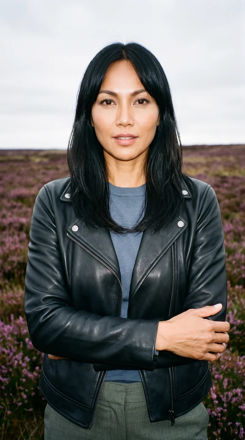 A 40-year-old Southeast Asian woman wears a black biker leather jacket in an upper-body front view. She holds one elbow and has a neutral facial expression. A Scottish Highlands moor serves as the backdrop.