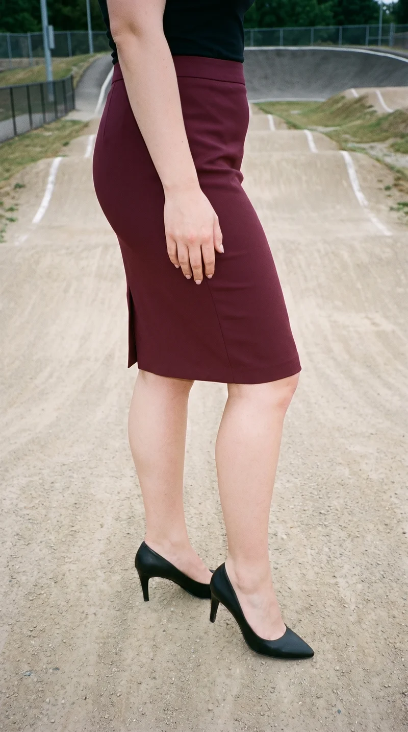 A lower-body view shows a burgundy pencil skirt from a front three-quarter angle, with the model standing on tiptoes. A BMX track forms the backdrop.