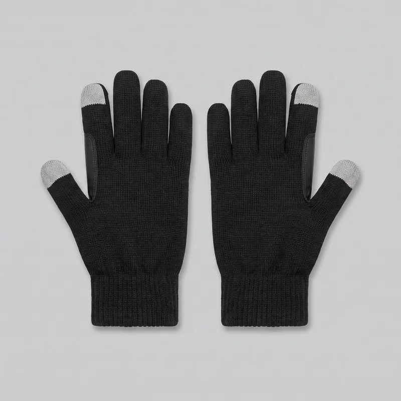 A complete pair of black full-finger touchscreen gloves lies flat with the backs facing up. The gloves have a fine continuous knit texture, close-fitting shaped fingers, angled thumbs, extended ribbed cuffs, contrast conductive patches on the thumb and index fingertips, and stitched smooth side panels along the outer thumb and hand areas.