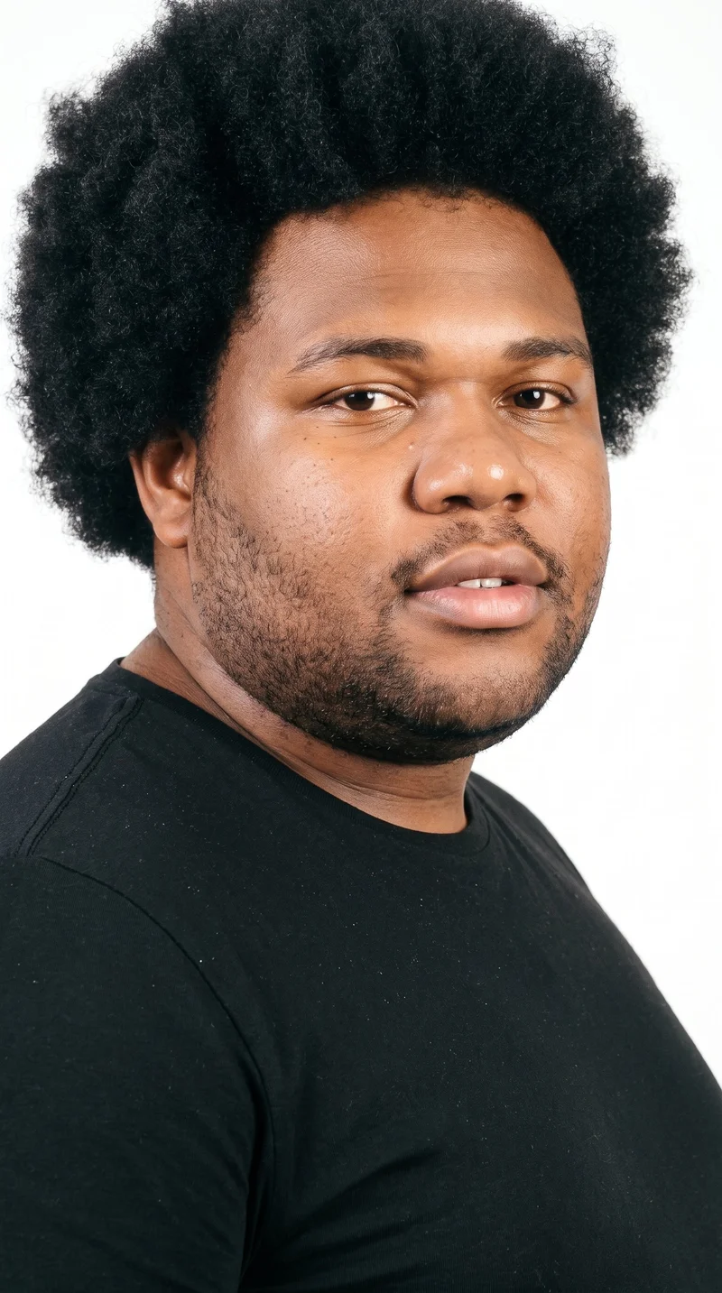 A 33-year-old African man with medium-brown caramel skin and a neutral undertone. His face is triangular, with a wide jaw narrowing toward the forehead and emphasis on the lower face. He has medium-thick eyebrows, amber eyes with a golden color, and full lips. His black hair is naturally tightly coiled and styled in a full, rounded afro. Dense heavy stubble forms a dark, defined layer across the beard area.