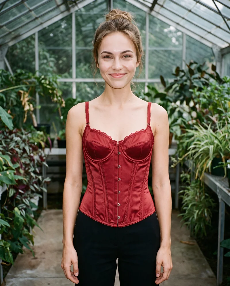 A 23-year-old Caucasian woman wears a red satin basque in an upper-body, front-facing view. Her arms are relaxed and her expression is natural, with a sunroom backdrop.
