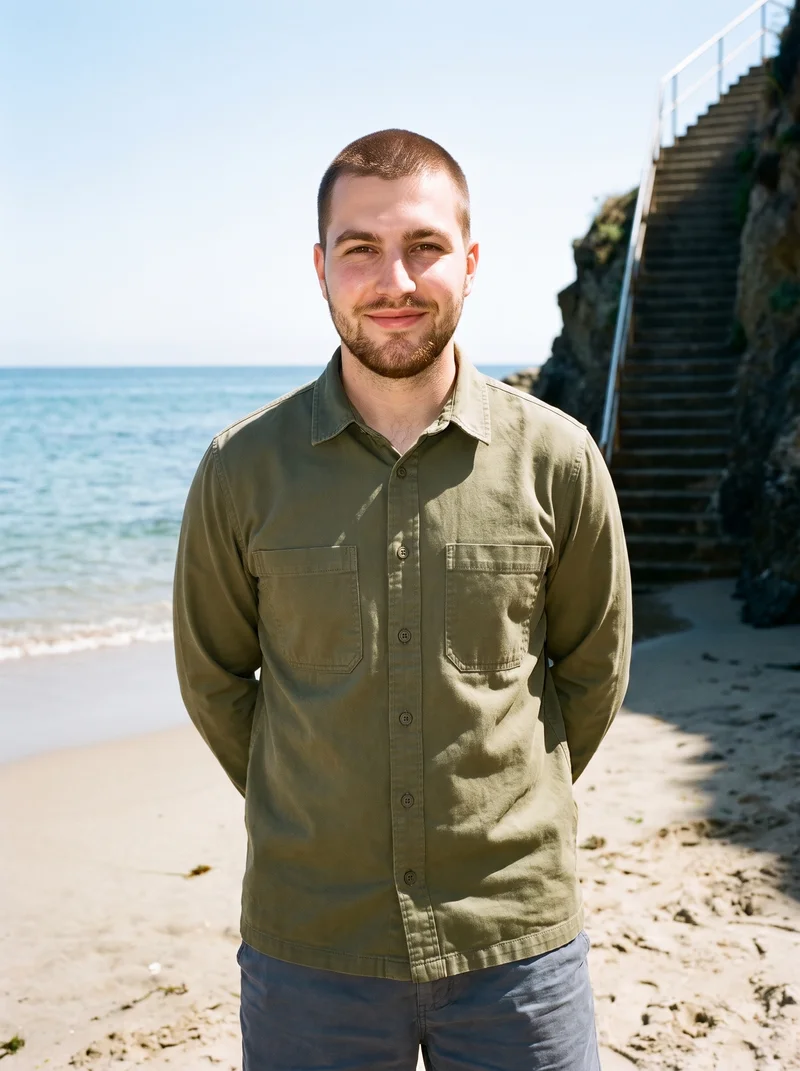 Olive Cotton Overshirt, Three-quarter length at Three-quarter, Flash Editorial lighting