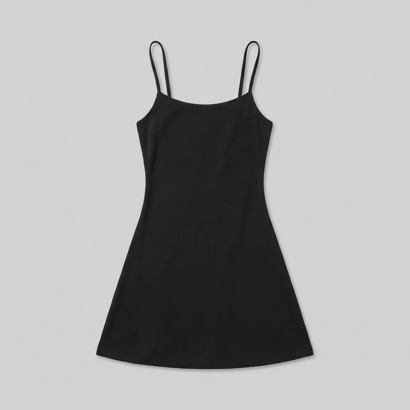 A black spaghetti-strap mini dress is shown laid flat in a mostly complete front-facing view. It has a low scoop neckline, narrow shoulder straps, a tailored upper section that skims the bodice and shaped waist, and a flared A-line skirt ending in a straight, slightly curved hem with visible stitching. No closures, pockets, logos, prints, embroidery, or embellishments are visible.