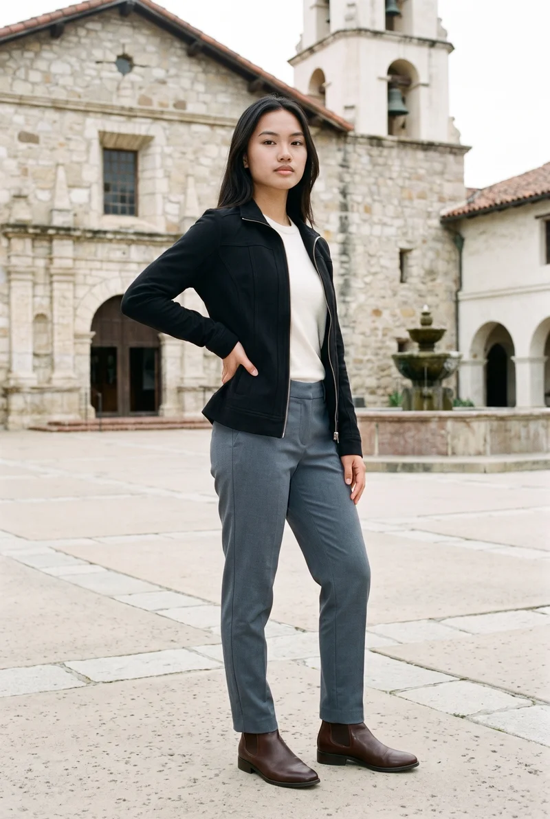 An 18-year-old Southeast Asian woman models a black women's windbreaker in a full-body view from a front three-quarter angle, with one hand on her hip and a confident expression. The Mission Courtyard Bell Fountain serves as the backdrop.