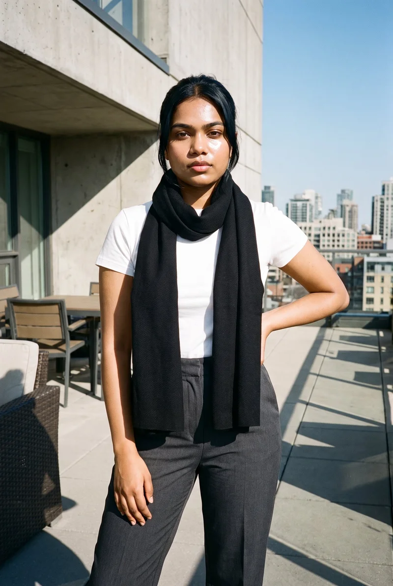 A 20-year-old Indian woman wears a women's black wool scarf in a three-quarter-length front view. She stands with one hand on her hip and a neutral expression, against a penthouse terrace backdrop.