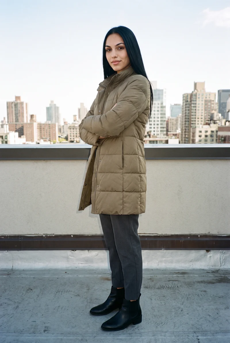 Women's Khaki Longline Puffer Jacket, Full body at Side, Clean Catalog lighting
