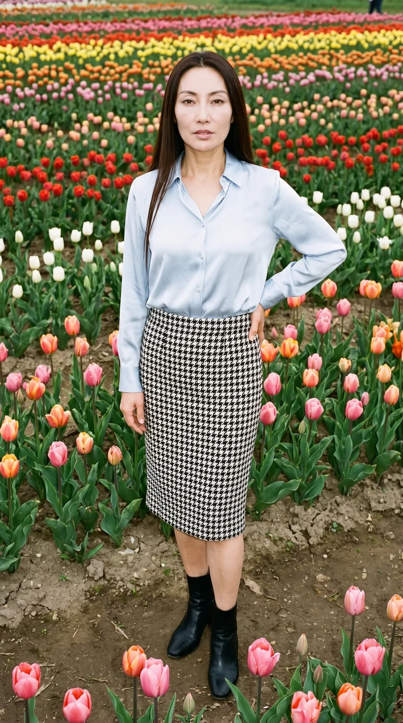A 49-year-old Chinese woman wears a houndstooth pencil skirt in a full-body front view, standing with one hand on her lower back and a soft facial expression. A tulip field serves as the backdrop.
