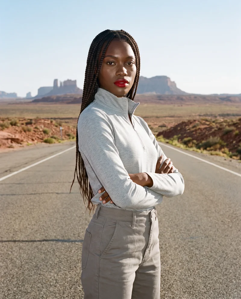 An 18-year-old African woman wears a grey quarter-zip in a three-quarter-length view, standing with her arms crossed and a confident expression. A Monument Valley road serves as the backdrop.